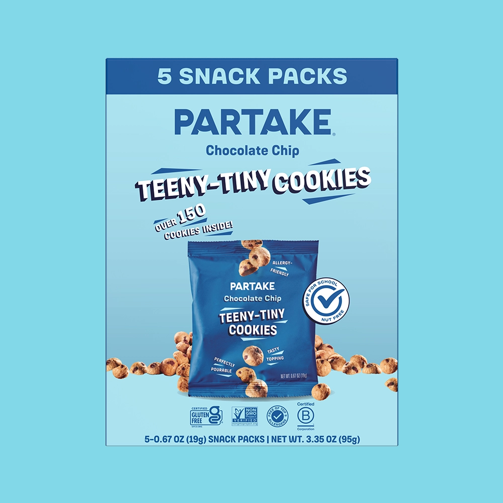 Teeny Tiny Chocolate Chip snack pack box on a blue background
