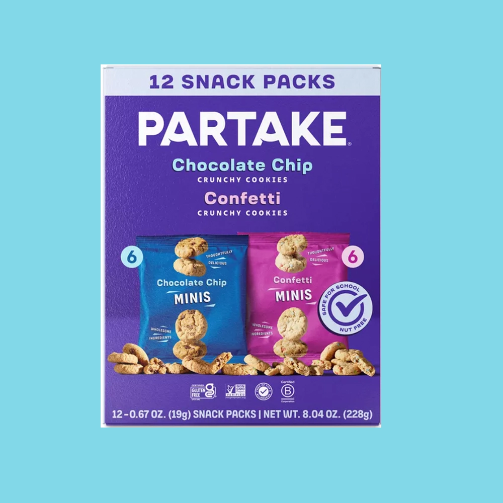 Mini Chocolate Chip and Mini Confetti snack pack box on a pale blue background