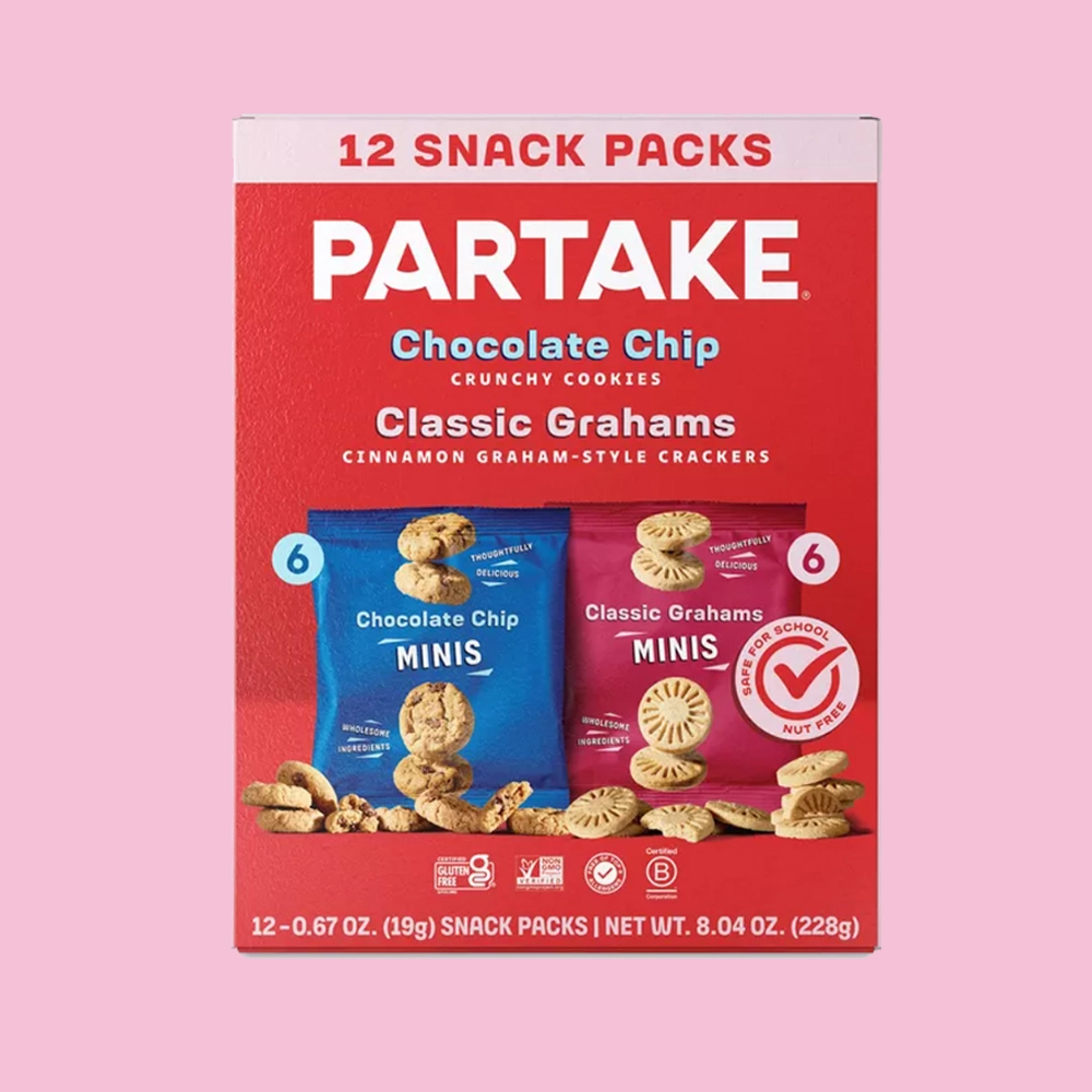 Mini Chocolate Chip and Grahams snack pack box on a pink background